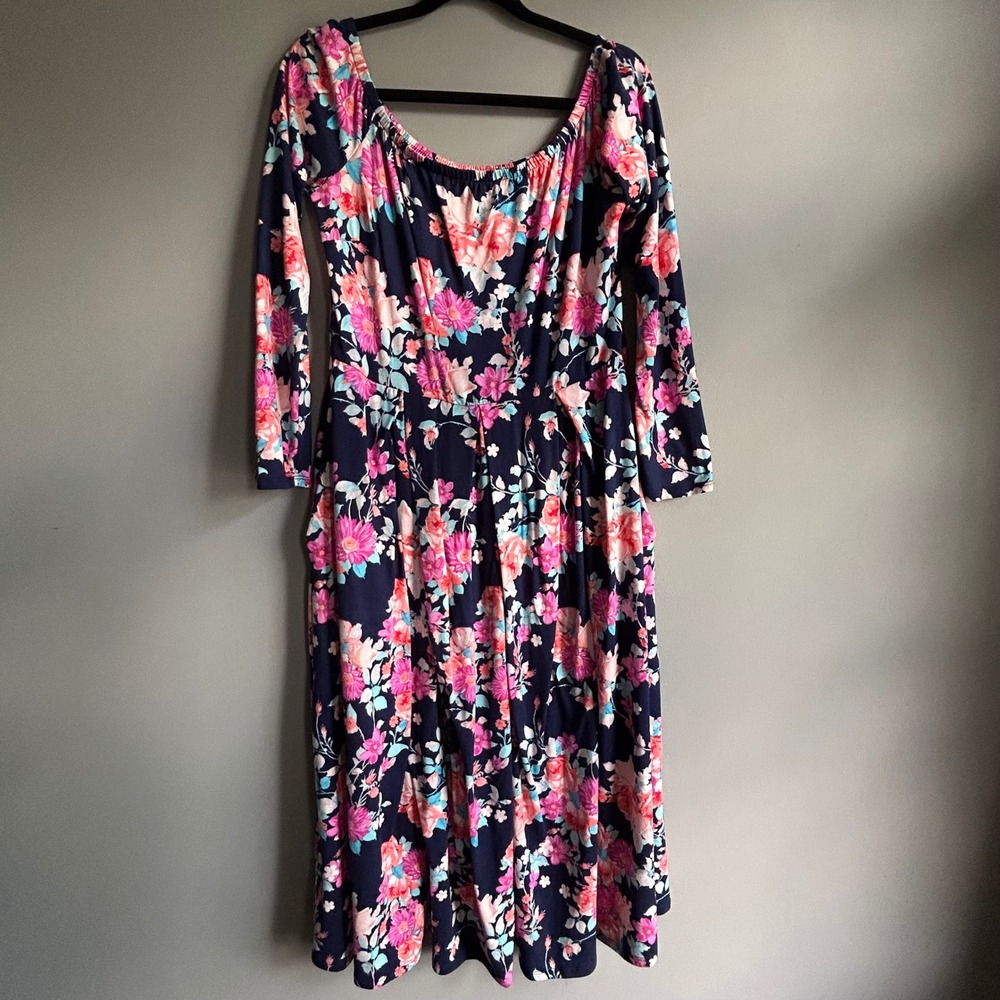 My Amelia James Floral Midi Dress Navy‎ Blue Pink Long Sleeve Pockets BD9015 L